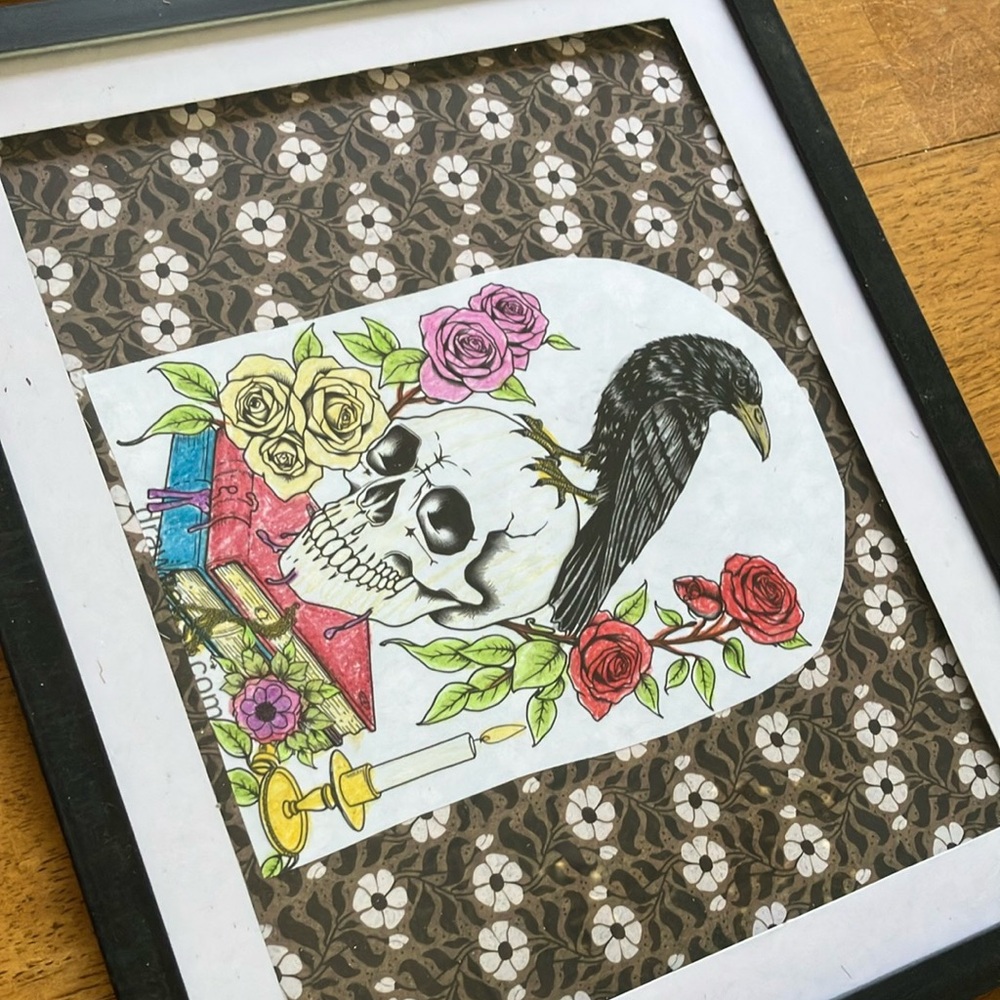 Framed Edgar Alan Poe Skull and Raven Art with Roses